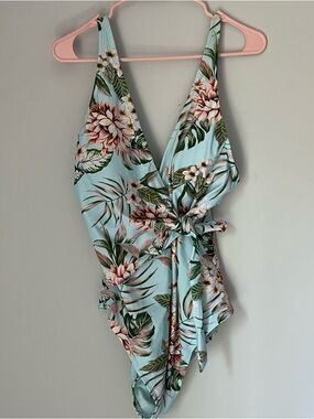 Palisades Beachwear Blue Tropical Print Tie Front V Neck One Piece Swimsuit